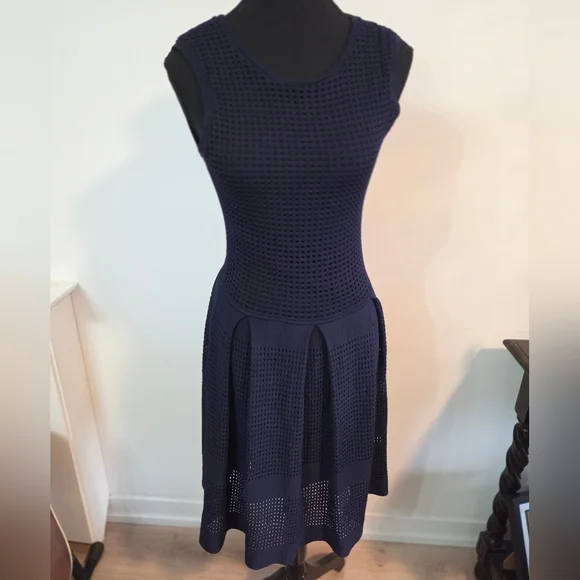 SOLD John + Jenn mesh overlay navy fit and flare dress Sz S - Picture 2 of 10